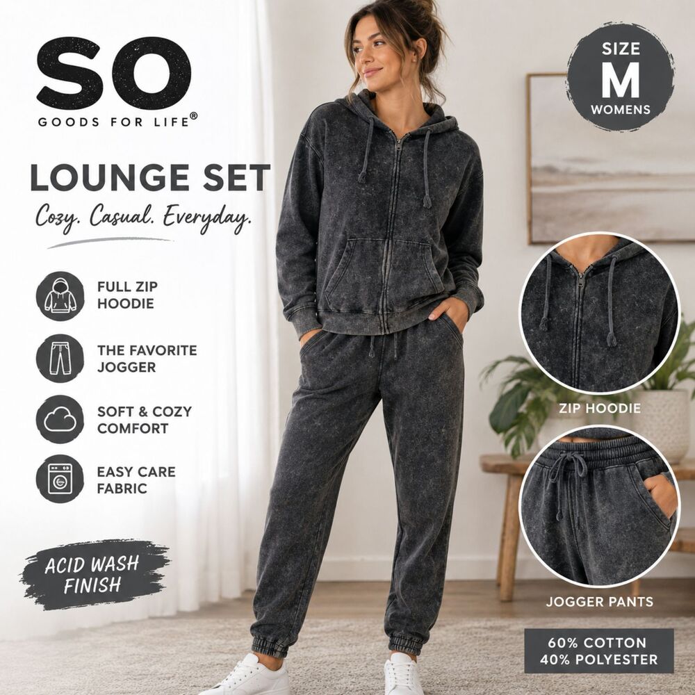 SO Goods For Life M Acid Wash Zip Hoodie Jogger Set Gray Lounge Sweat Suit